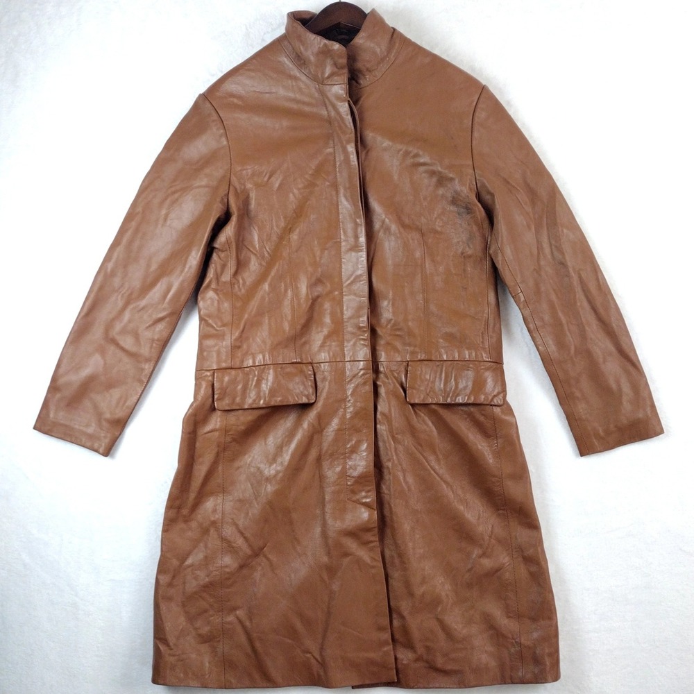 Paradox Women Cognac Brown Lambskin Leather Trench Coat Jacket Sze 14 Mid Length